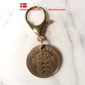 Denmark 1951 coin keychain with Coat of Arms. 73 year old golden big Danish 2 kroner as coin pendant