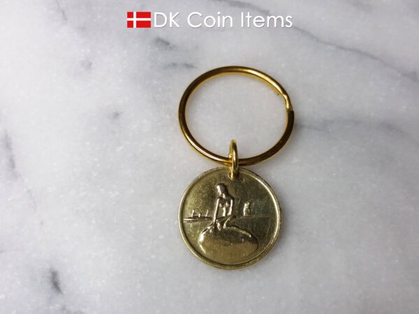 Denmark Little Mermaid coin keychain. Copenhagen The Little Mermaid fare token pendant. Danish vintage coin souvenir.