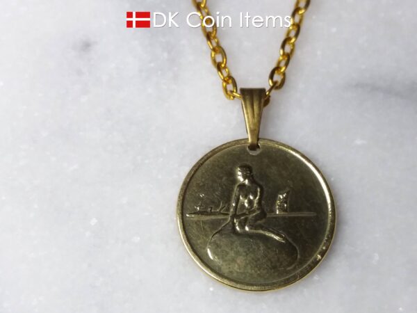 Denmark Little Mermaid coin necklace. Copenhagen Little Mermaid fare token on snap lock. Danish vintage coin souvenir.