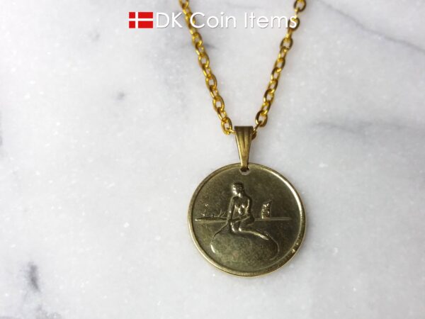 Denmark Little Mermaid coin necklace. Copenhagen Little Mermaid fare token on snap lock. Danish vintage coin souvenir.