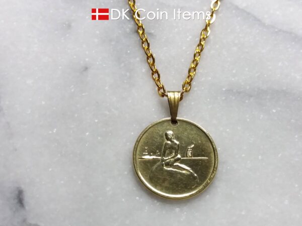 Denmark Little Mermaid coin necklace. Copenhagen Little Mermaid fare token on snap lock. Danish vintage coin souvenir.