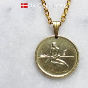 Denmark Little Mermaid coin necklace. Copenhagen Little Mermaid fare token on snap lock. Danish vintage coin souvenir.