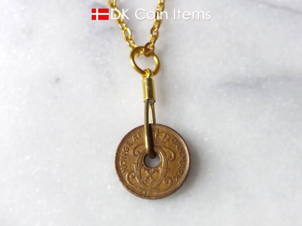 Denmark 1940 C coin necklace. 84 year copper 1 ore coin pendant in golden wire. Antique Danish coin souvenir.