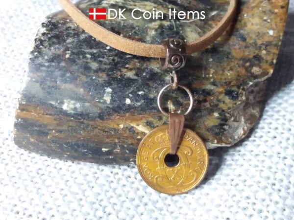 Denmark 1940 C coin necklace. 84 year copper 1 ore coin pendant in snap lock. Antique Danish coin souvenir.