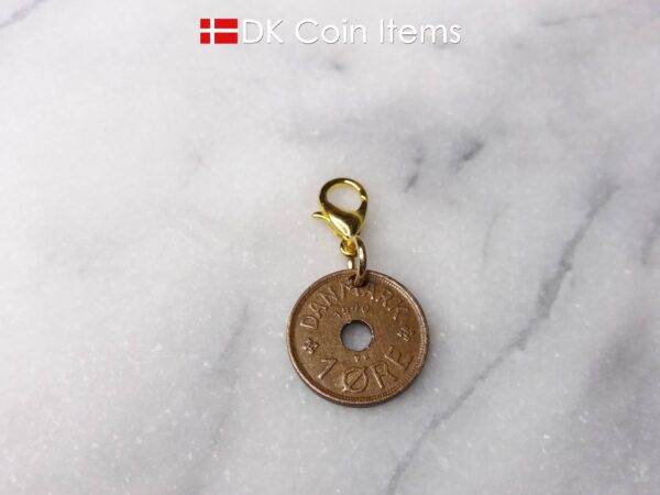 Danish C initial coin charm. 84 year old 1 ore 1940 coin pendant. Antique Danish coin souvenir