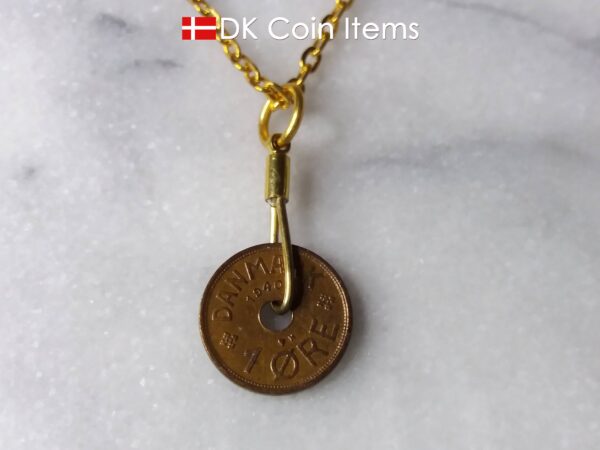 Denmark 1940 C coin necklace. 84 year copper 1 ore coin pendant in golden wire. Antique Danish coin souvenir.