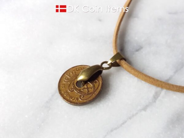 Denmark 1940 C coin necklace. 84 year copper 1 ore coin pendant in bronze bail. Antique Danish coin souvenir.