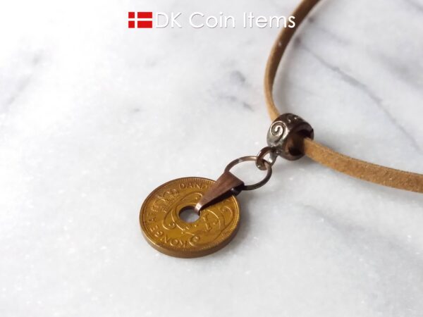 Denmark 1940 C coin necklace. 84 year copper 1 ore coin pendant in snap lock. Antique Danish coin souvenir.