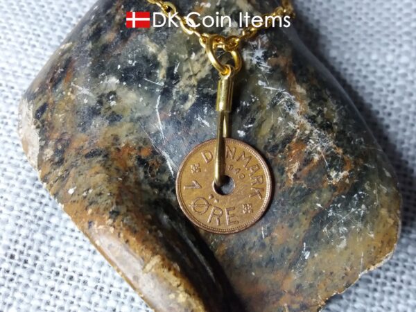 Denmark 1940 C coin necklace. 84 year copper 1 ore coin pendant in golden wire. Antique Danish coin souvenir.