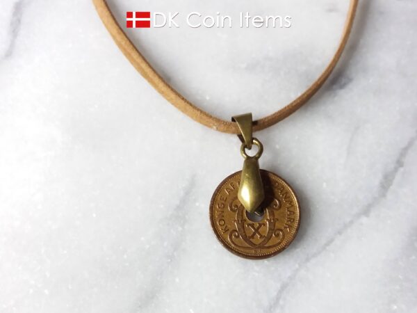 Denmark 1940 C coin necklace. 84 year copper 1 ore coin pendant in bronze bail. Antique Danish coin souvenir.