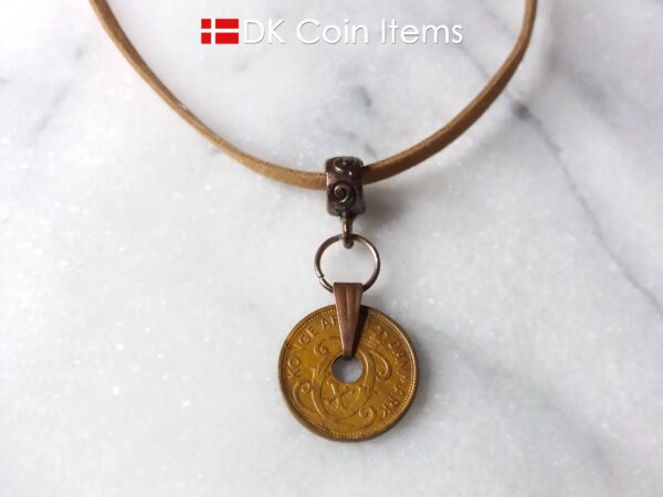 Denmark 1940 C coin necklace. 84 year copper 1 ore coin pendant in snap lock. Antique Danish coin souvenir.