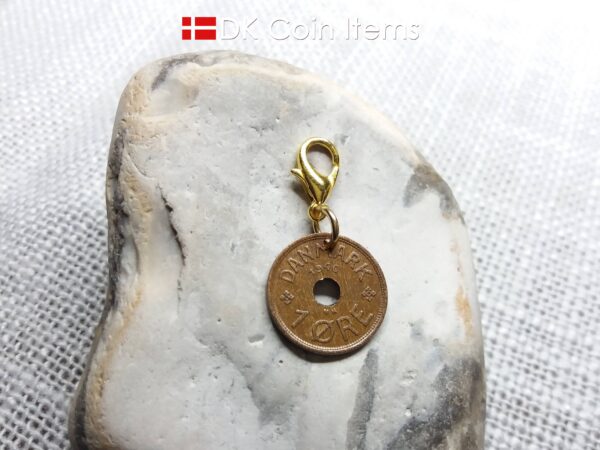 Danish C initial coin charm. 84 year old 1 ore 1940 coin pendant. Antique Danish coin souvenir