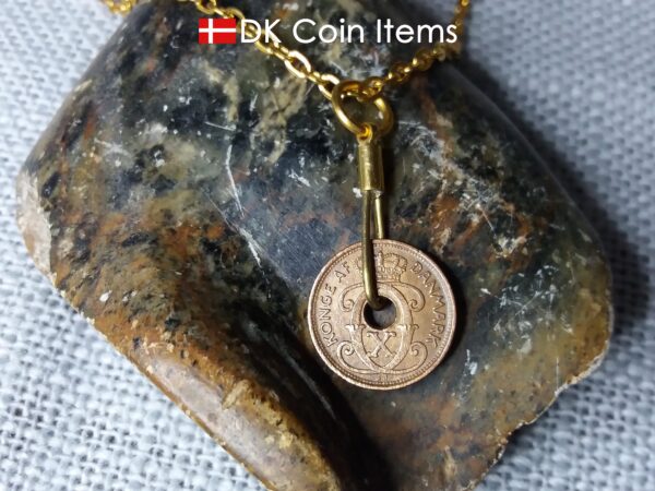 Denmark 1940 C coin necklace. 84 year copper 1 ore coin pendant in golden wire. Antique Danish coin souvenir.