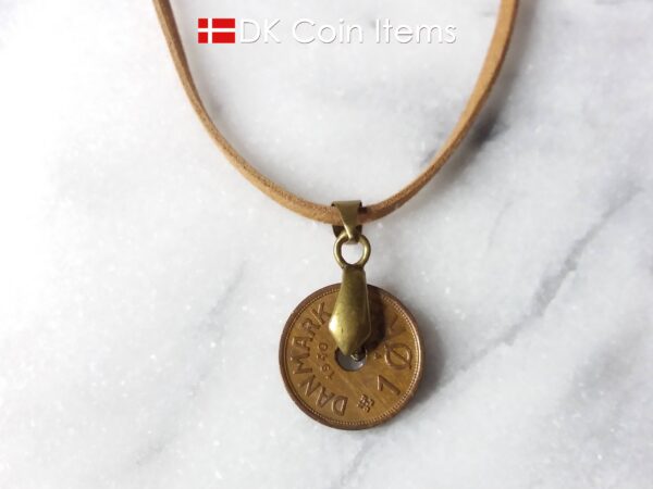 Denmark 1940 C coin necklace. 84 year copper 1 ore coin pendant in bronze bail. Antique Danish coin souvenir.