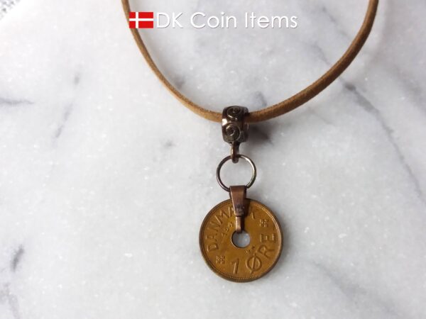 Denmark 1940 C coin necklace. 84 year copper 1 ore coin pendant in snap lock. Antique Danish coin souvenir.