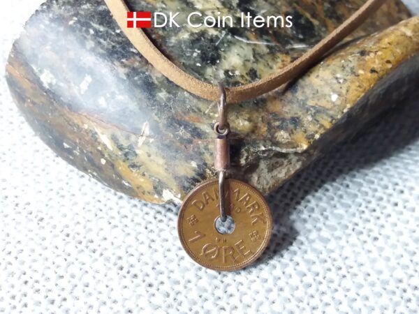 Denmark 1940 C coin necklace. 84 year copper 1 ore coin pendant in copper wire. Antique Danish coin souvenir.