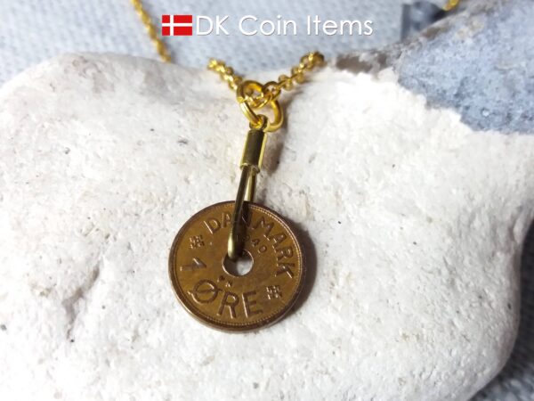 Denmark 1940 C coin necklace. 84 year copper 1 ore coin pendant in golden wire. Antique Danish coin souvenir.