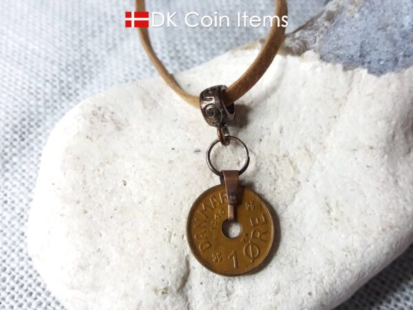 Denmark 1940 C coin necklace. 84 year copper 1 ore coin pendant in snap lock. Antique Danish coin souvenir.