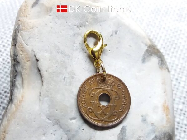 Danish C initial coin charm. 84 year old 1 ore 1940 coin pendant. Antique Danish coin souvenir