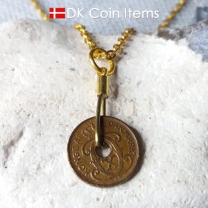 Denmark 1940 C coin necklace. 84 year copper 1 ore coin pendant in golden wire. Antique Danish coin souvenir.