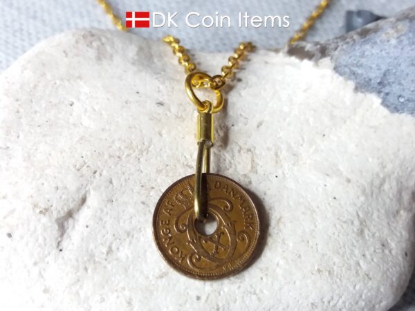 Denmark 1940 C coin necklace. 84 year copper 1 ore coin pendant in golden wire. Antique Danish coin souvenir.