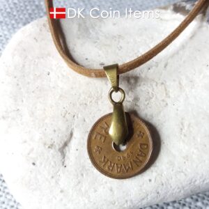 Denmark 1940 C coin necklace. 84 year copper 1 ore coin pendant in bronze bail. Antique Danish coin souvenir.