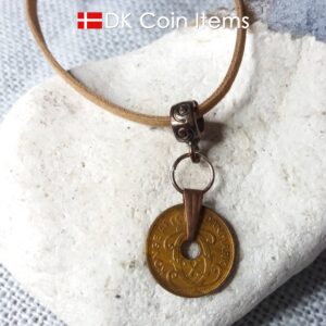 Denmark 1940 C coin necklace. 84 year copper 1 ore coin pendant in snap lock. Antique Danish coin souvenir.