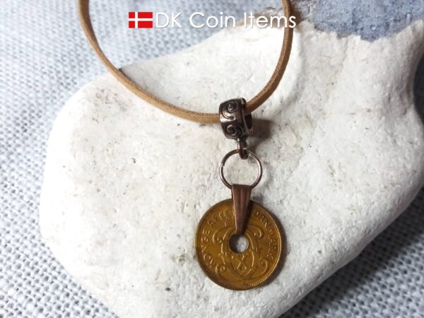 Denmark 1940 C coin necklace. 84 year copper 1 ore coin pendant in snap lock. Antique Danish coin souvenir.