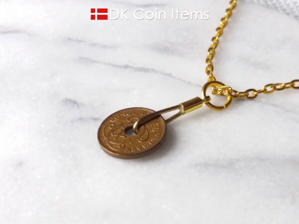 Denmark 1940 C coin necklace. 84 year copper 1 ore coin pendant in golden wire. Antique Danish coin souvenir.