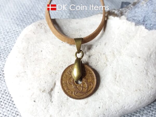 Denmark 1940 C coin necklace. 84 year copper 1 ore coin pendant in bronze bail. Antique Danish coin souvenir.