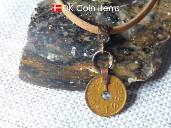 Denmark 1940 C coin necklace. 84 year copper 1 ore coin pendant in snap lock. Antique Danish coin souvenir.