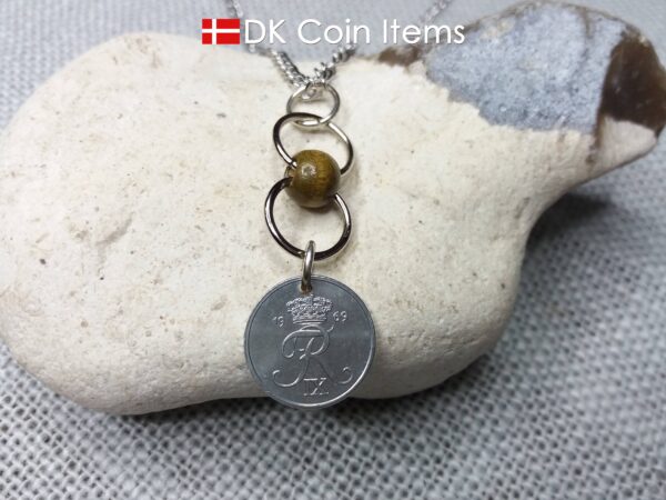 Denmark 1 ore coin pendant necklace. Danish 1969 R initial coin. Green bead chain. 1st anniversary gift