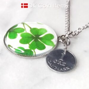 Denmark 1 ore coin pendant necklace + picture of Four-leaf Lucky Clover. Danish 1969 R initial coin.