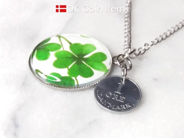 Denmark 1 ore coin pendant necklace + picture of Four-leaf Lucky Clover. Danish 1969 R initial coin.