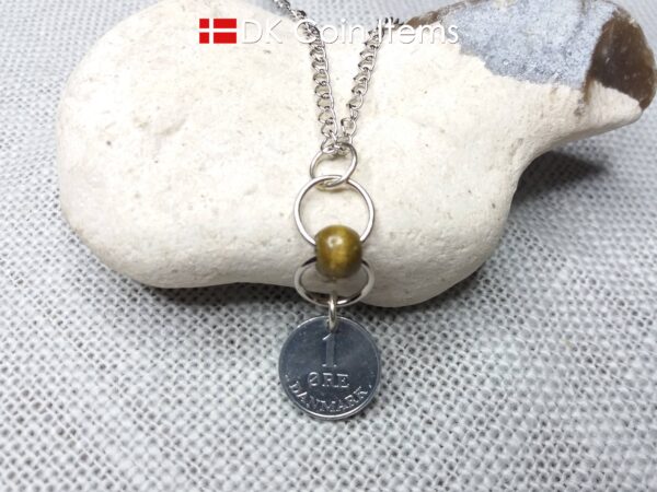 Denmark 1 ore coin pendant necklace. Danish 1969 R initial coin. Green bead chain. 1st anniversary gift