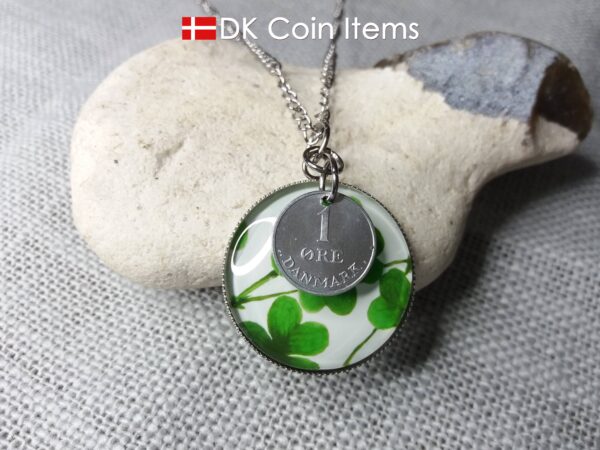 Denmark 1 ore coin pendant necklace + picture of Four-leaf Lucky Clover. Danish 1969 R initial coin.