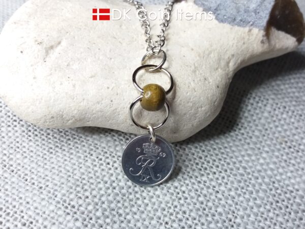 Denmark 1 ore coin pendant necklace. Danish 1969 R initial coin. Green bead chain. 1st anniversary gift