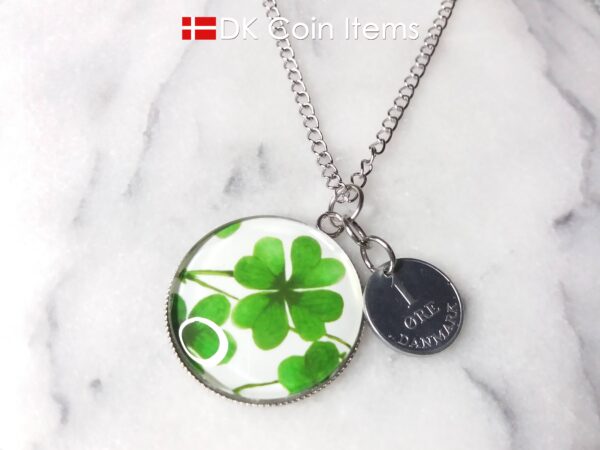 Denmark 1 ore coin pendant necklace + picture of Four-leaf Lucky Clover. Danish 1969 R initial coin.