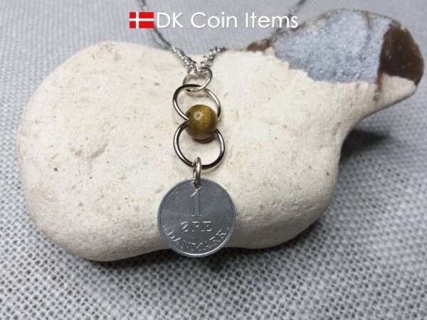 Denmark 1 ore coin pendant necklace. Danish 1969 R initial coin. Green bead chain. 1st anniversary gift