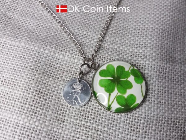 Denmark 1 ore coin pendant necklace + picture of Four-leaf Lucky Clover. Danish 1969 R initial coin.