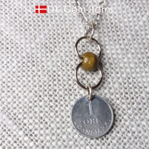 Denmark 1 ore coin pendant necklace. Danish 1969 R initial coin. Green bead chain. 1st anniversary gift