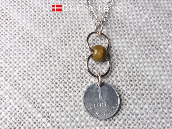 Denmark 1 ore coin pendant necklace. Danish 1969 R initial coin. Green bead chain. 1st anniversary gift