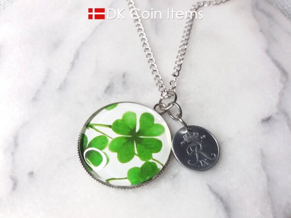 Denmark 1 ore coin pendant necklace + picture of Four-leaf Lucky Clover. Danish 1969 R initial coin.