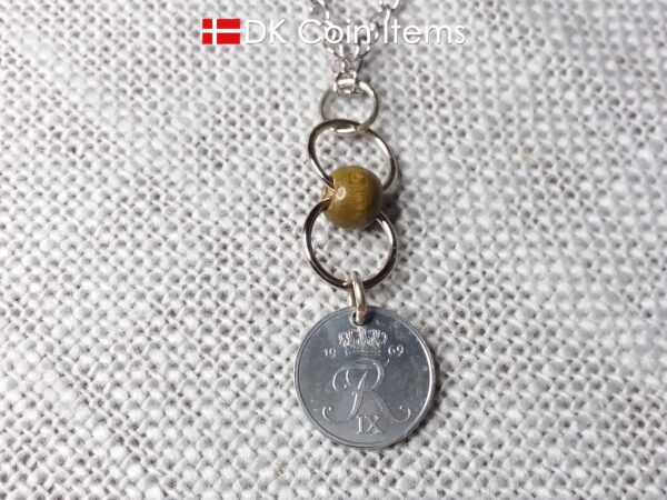 Denmark 1 ore coin pendant necklace. Danish 1969 R initial coin. Green bead chain. 1st anniversary gift