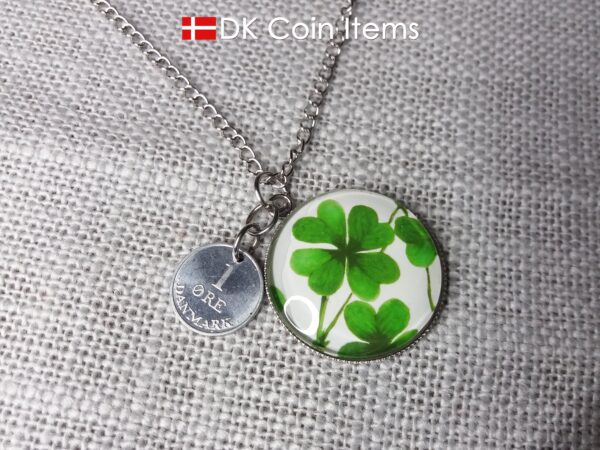 Denmark 1 ore coin pendant necklace + picture of Four-leaf Lucky Clover. Danish 1969 R initial coin.