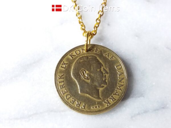 Denmark 1954 coin necklace. 70 year old Danish 2 kroner coin pendant. Golden Crown Coat of Arms coin.