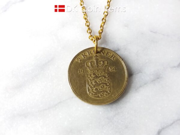 Denmark 1954 coin necklace. 70 year old Danish 2 kroner coin pendant. Golden Crown Coat of Arms coin.