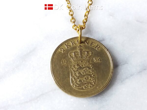 Denmark 1954 coin necklace. 70 year old Danish 2 kroner coin pendant. Golden Crown Coat of Arms coin.