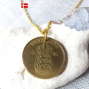 Denmark 1954 coin necklace. 70 year old Danish 2 kroner coin pendant. Golden Crown Coat of Arms coin.