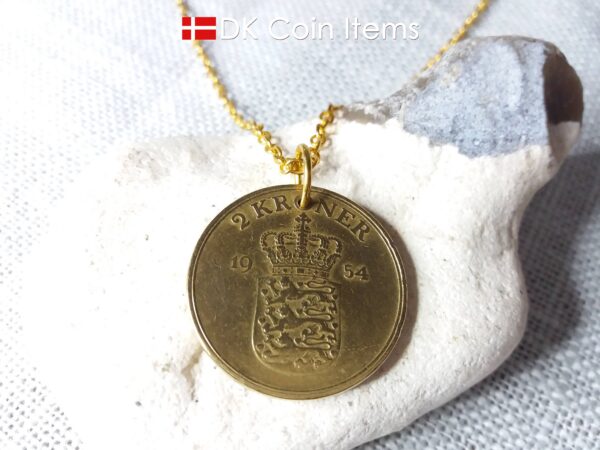 Denmark 1954 coin necklace. 70 year old Danish 2 kroner coin pendant. Golden Crown Coat of Arms coin.